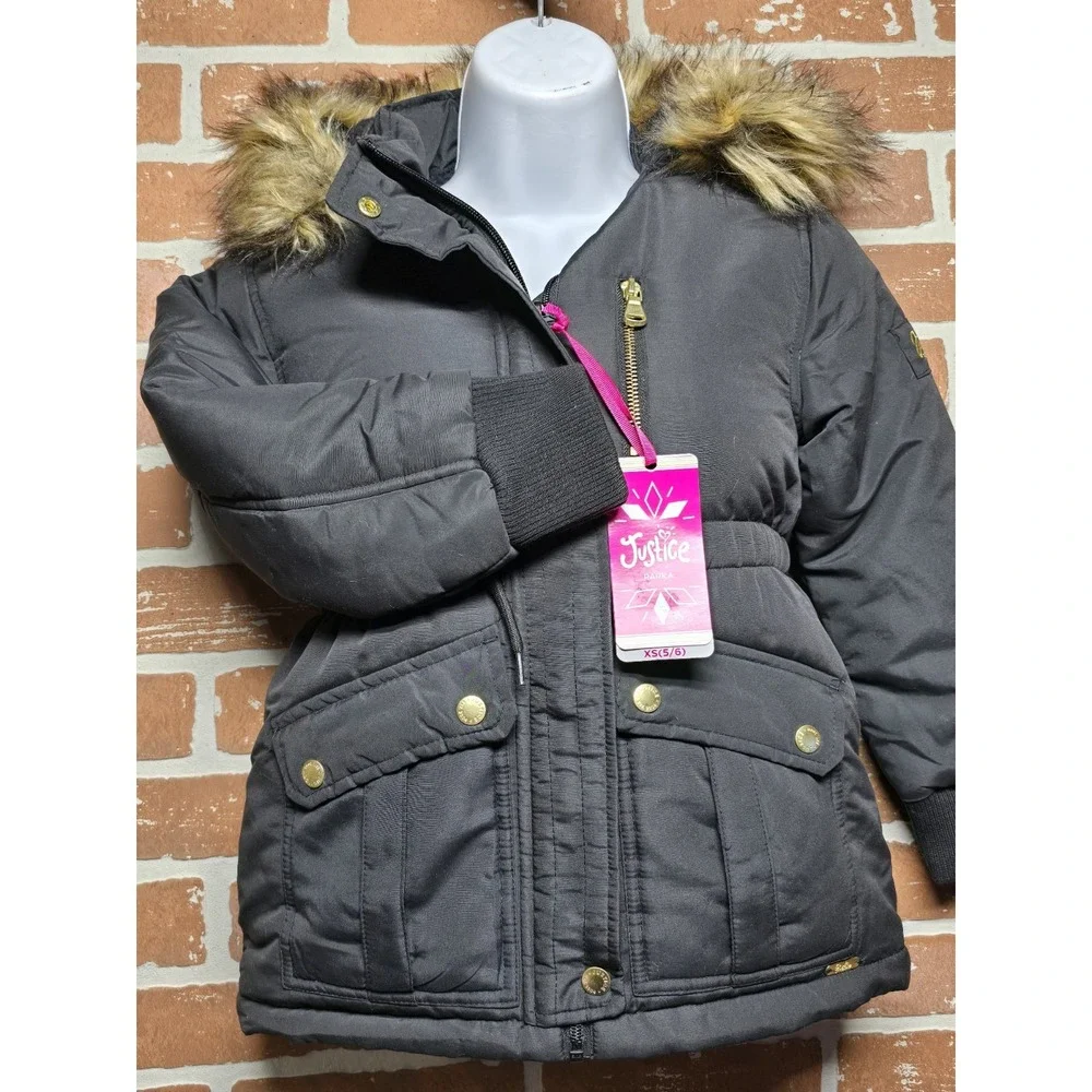 Justice Girls Puffer‎ Jacket Faux Fur Lined With Hood Sz Small 7/8 Black